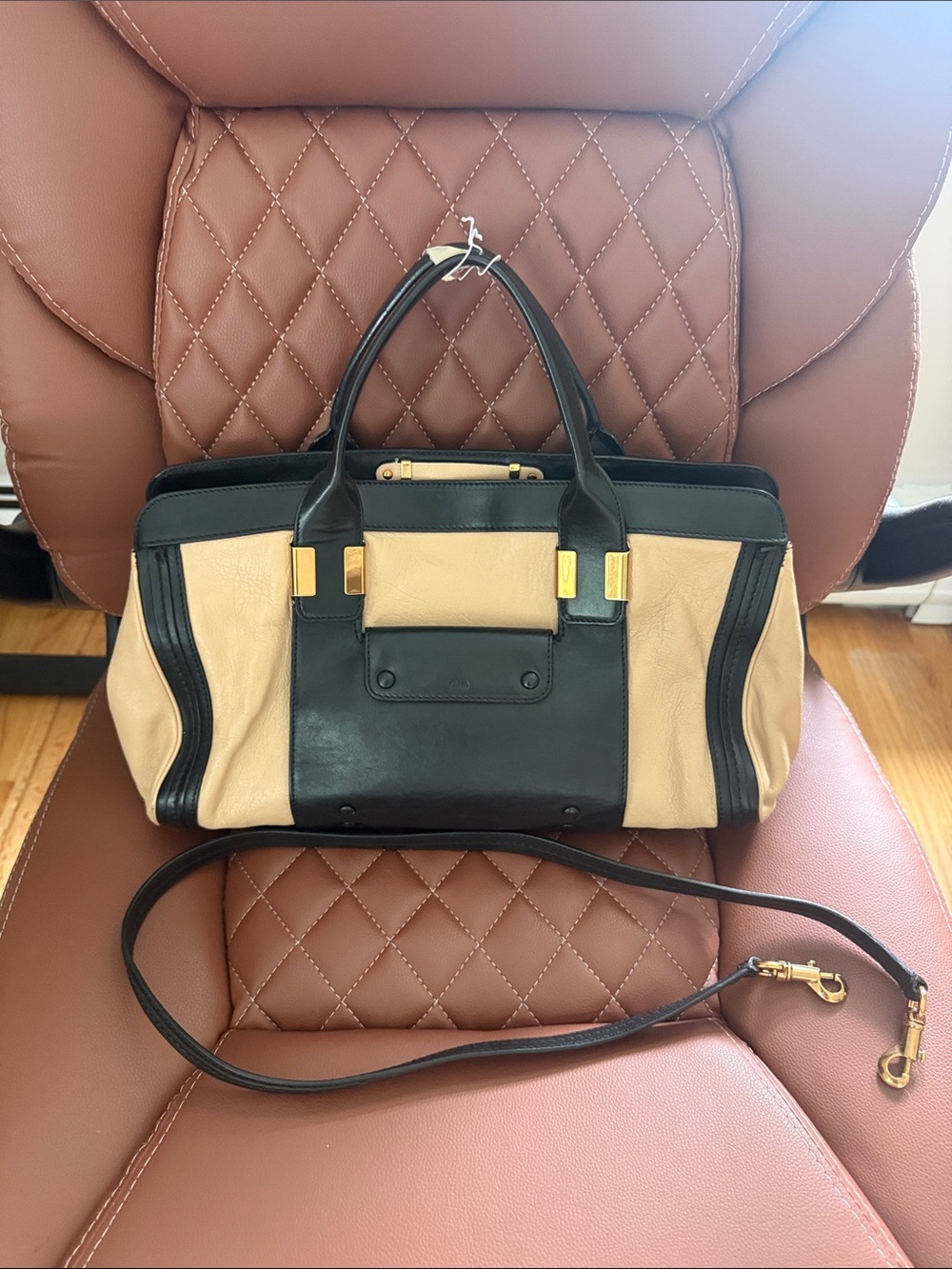 Authentic Chloé Alice Medium Satchel Black & Cream Leather Crossbody/Shoulder
